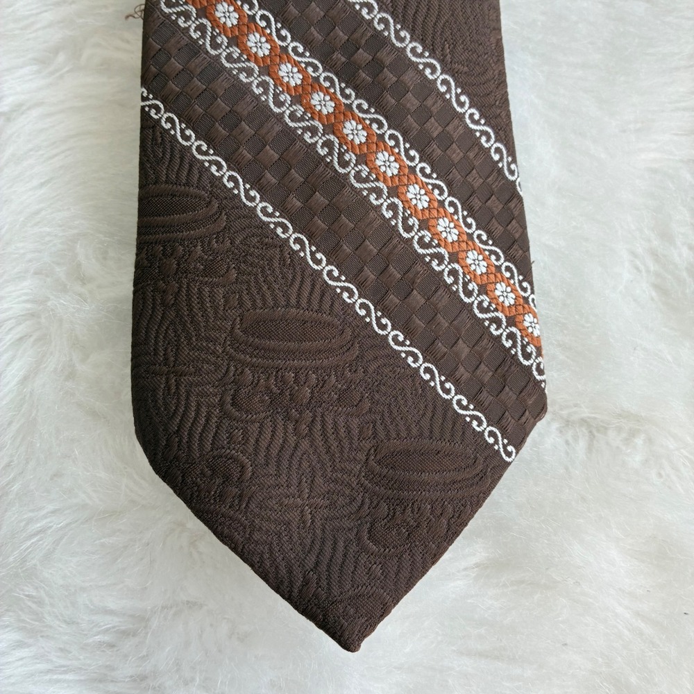 Vintage Brown Textured Diagonal Stripe Floral Crown Jacquard Wide Necktie‎ Mens